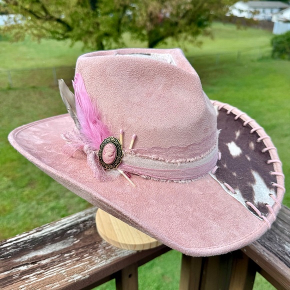 Pink Heart Shaped Cowboy Hat with Attached Cowhide, Hand Burned - Picture 2 of 5